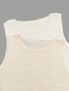 2pcs/Set Solid Color Round Neck Semi-Sheer Minimalist Casual Loose Knit Vest Vacation Beach Summer - Apricot Color - View 2