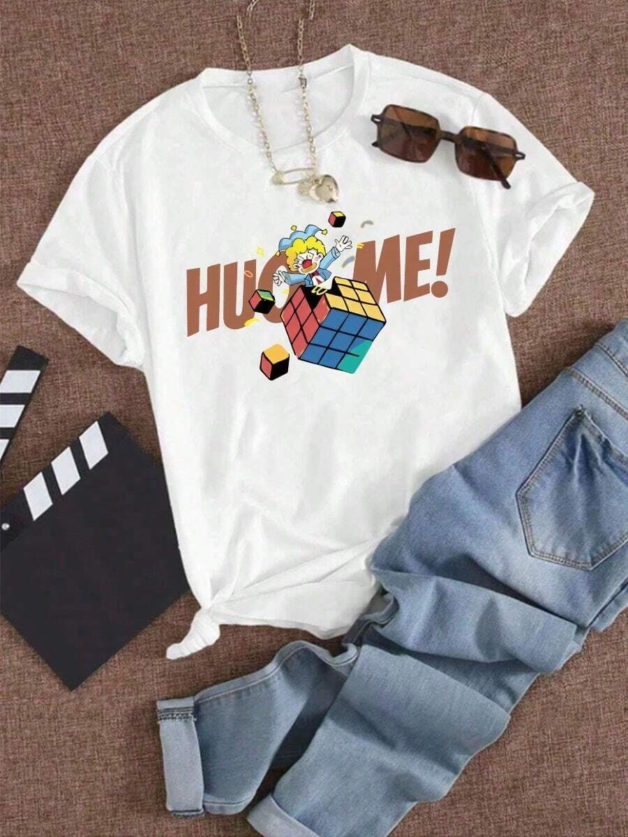 Camisetas de Mujer,Payaso femenino Rubik 's Cube estampado camiseta de manga corta casual relajada - Blanco - Ver 1