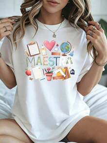 Elegante y casual mujer manga corta,White T-Shirt Teacher Day Maestra With School Supplies And Heart Print Casual Wear For Spring Summer - Blanco - Ver 8