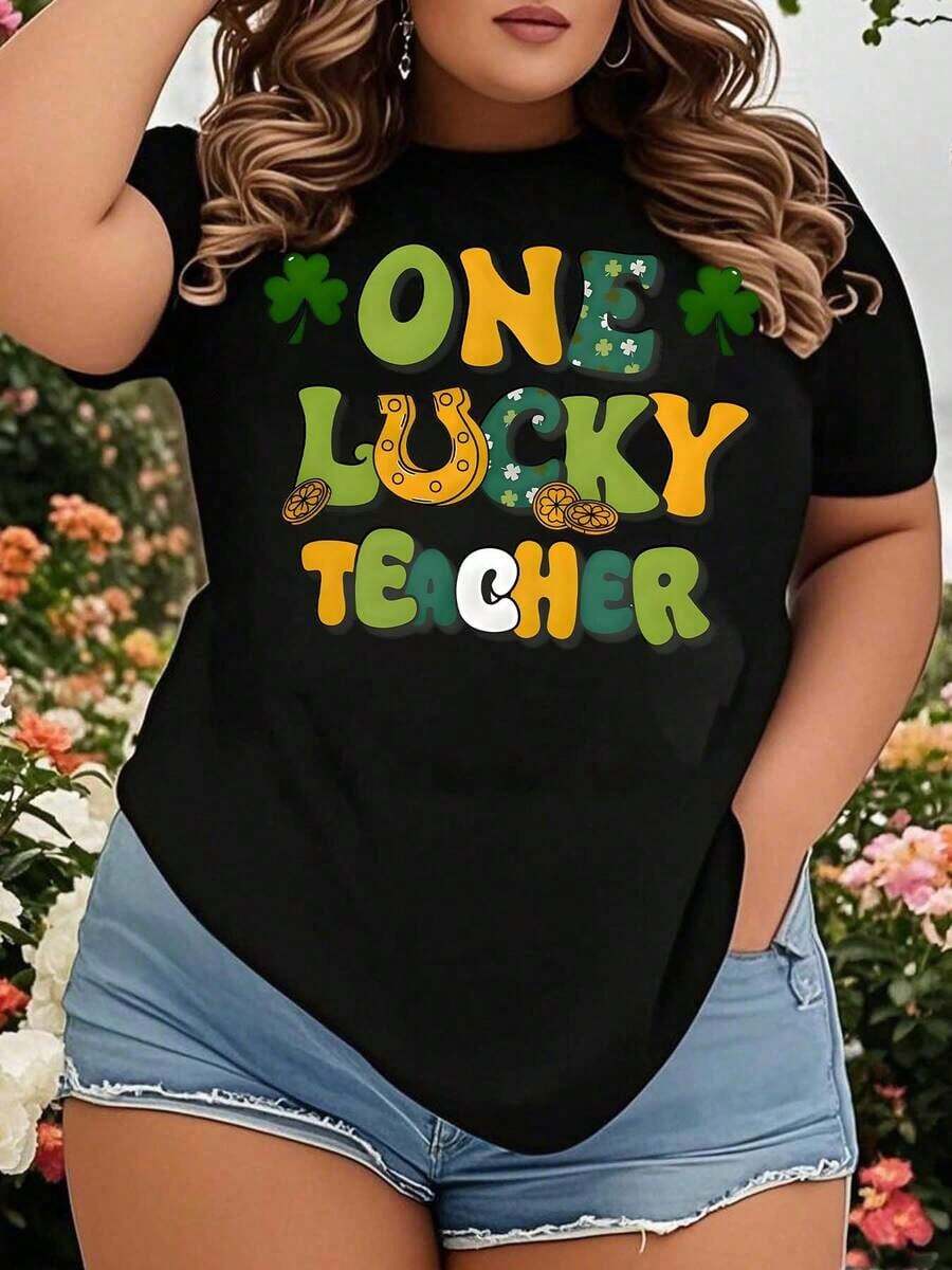 Camiseta TideOne Lucky Teacher para el Día de San Patricio para Maestras, Regalo Festivo, Linda Camiseta con Diseño Irlandés de Trébol y Herradura, Camiseta de Moda para Mujer - Negro - Ver 1