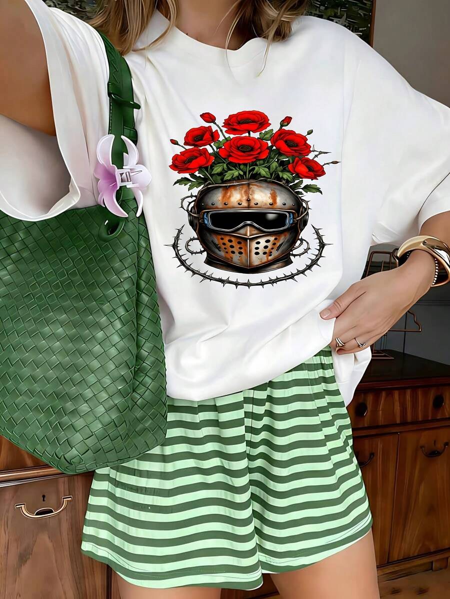 Edgy Floral Helmet Graphic T-Shirt, 100% Cotton Oversized Soft Breathable Casual Crewneck Short Sleeve Top, Streetwear Aesthetic Summer Vibes Tee For Women & Art Lovers - 白色 - 查看 1