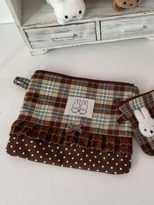MIFFY Original Handmade Cute Rabbit Imported Plaid Patchwork Storage Bag, Notebook Stationery Organizer Bag With Polka Dots, Japanese Cute Style Brown And Blue Plaid Polka Dot Ruffle Edge And MIFFY Couple Sticker - Multicolor - View 5