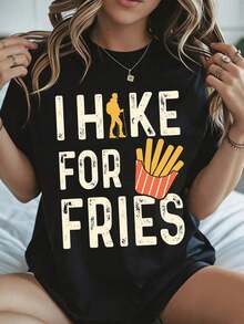 Elegante y casual, camiseta de manga corta para mujer, camiseta de senderismo para mujer con estampado gráfico divertido "I Hike For Fries", conjunto casual negro para aventuras al aire libre en verano y otoño. - Negro - Ver 1