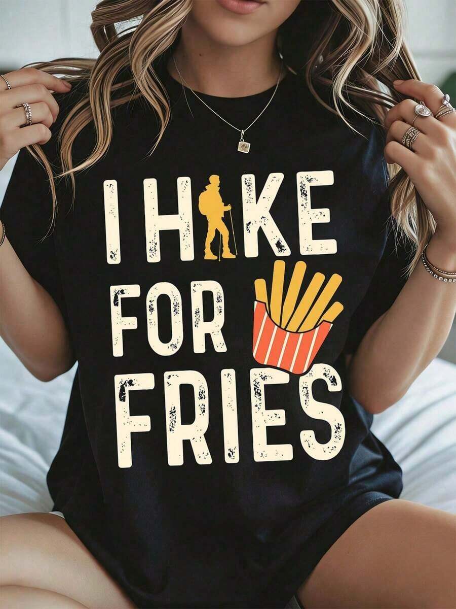 Elegante y casual, camiseta de manga corta para mujer, camiseta de senderismo para mujer con estampado gráfico divertido "I Hike For Fries", conjunto casual negro para aventuras al aire libre en verano y otoño. - Negro - Ver 1
