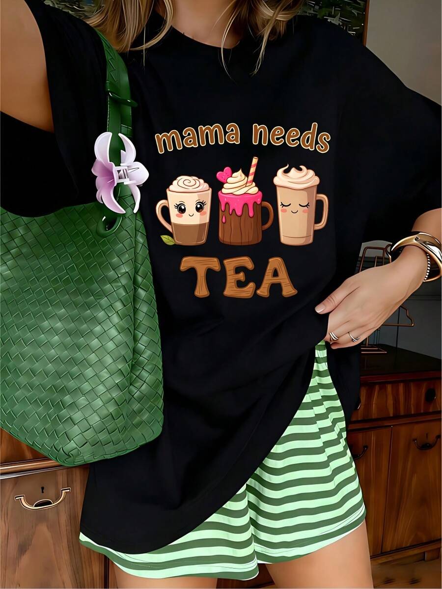 Kawaii Mama Needs Tea Graphic T-Shirt, 100% Cotton Oversized Soft Breathable Casual Crewneck Short Sleeve Top, Cute Coffee Lover Tee For Women And Mom Life Enthusiasts - 黑色 - 查看 1