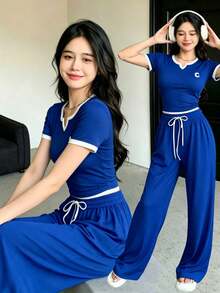 el mejor regalo para el Día de la Madre:Conjunto deportivo de manga corta con cuello redondo y pantalón largo,Conjunto de 2 piezas para mujer: Top de manga corta y pantalón de unicolor minimalista, conjunto casual - Azul Marino - Ver 1
