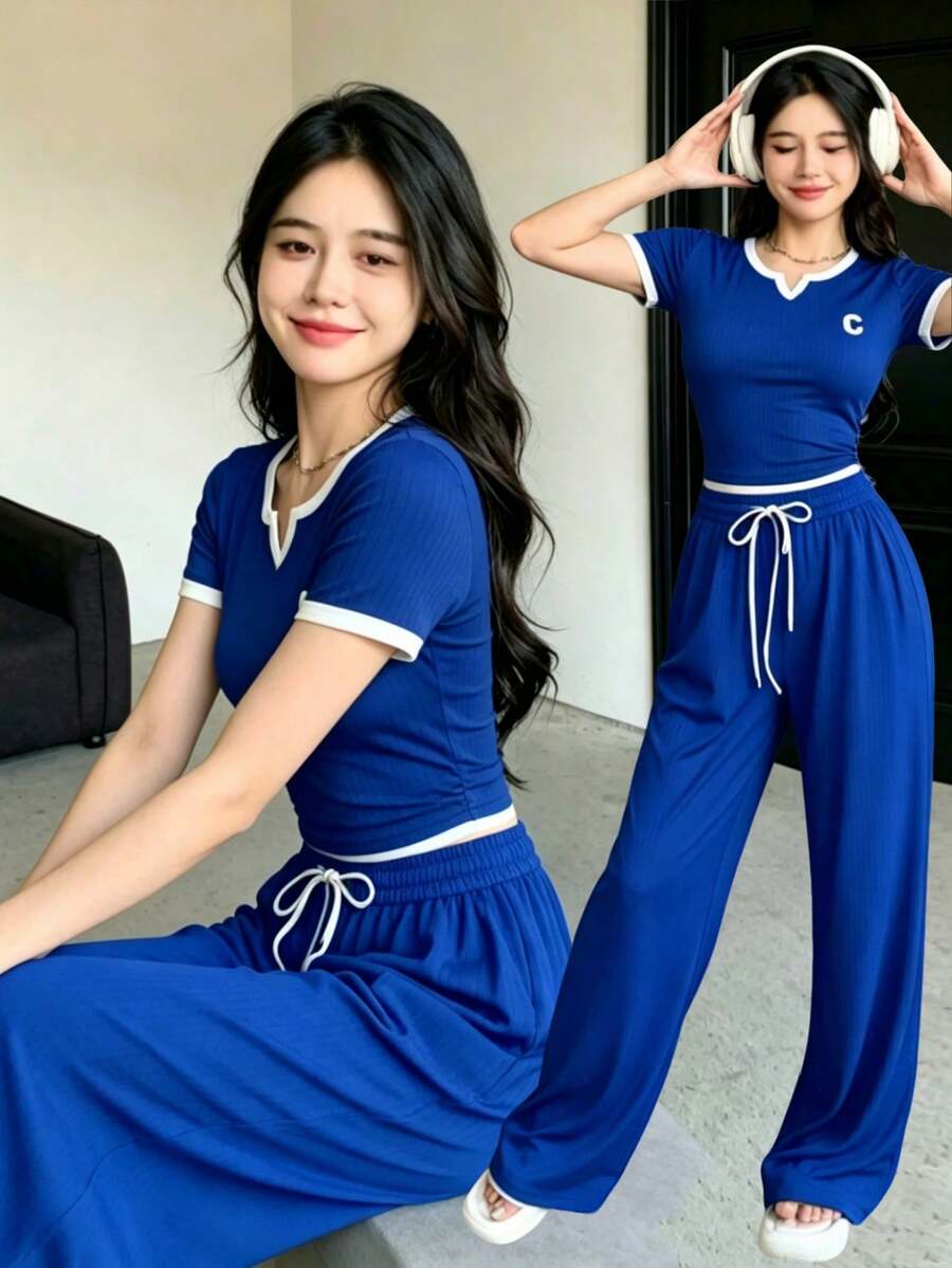 el mejor regalo para el Día de la Madre:Conjunto deportivo de manga corta con cuello redondo y pantalón largo,Conjunto de 2 piezas para mujer: Top de manga corta y pantalón de unicolor minimalista, conjunto casual - Azul Marino - Ver 1