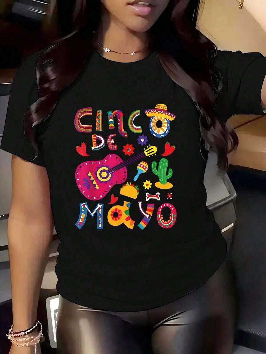 Women's Vintage Cinco De Mayo Graphic T-Shirt - Vibrant Mexican Fiesta Design With Guitar, Sombrero And Cactus, Casual Crew Neck, Short Sleeve, White Polyester Blend, Perfect For Summer Celebrations. - 黑色 - 查看 1