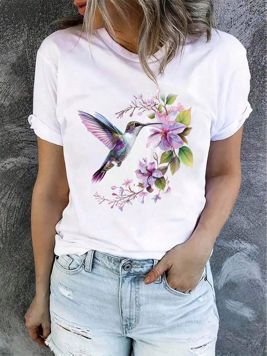 Camiseta Con Estampado GráFico "El Encuentro RomáNtico Del Colibrí Y Las Flores", Manga Corta Y Cuello Redondo, Top Casual Para Verano Y Primavera, Ropa De Mujer - Blanco - Ver 1