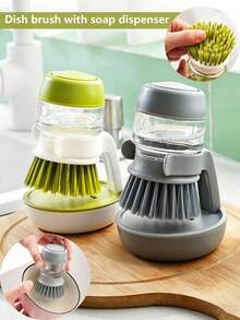 Press-Type Dish Brush With Base, Non-Scratch Kitchen Cleaning Brush, Suitable For Pots, Pans, Sinks And Tableware, Non-Stick Brush. Keep Hands Clean, Ergonomic Design. Pot Brush With Soap Dispenser, Kitchen Cleaning Brush. - Multicolor - View 2