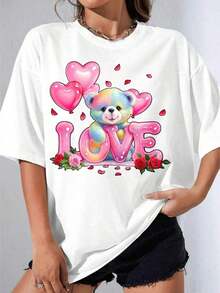 Black And White T-Shirt For Girls With Adorable Bear, Heart, Balloons And Roses Print, Valentine's Day Gift For Women, Casual Outdoor Party Wear, 180g Casual Printed T-Shirt - 白色 - 查看 7