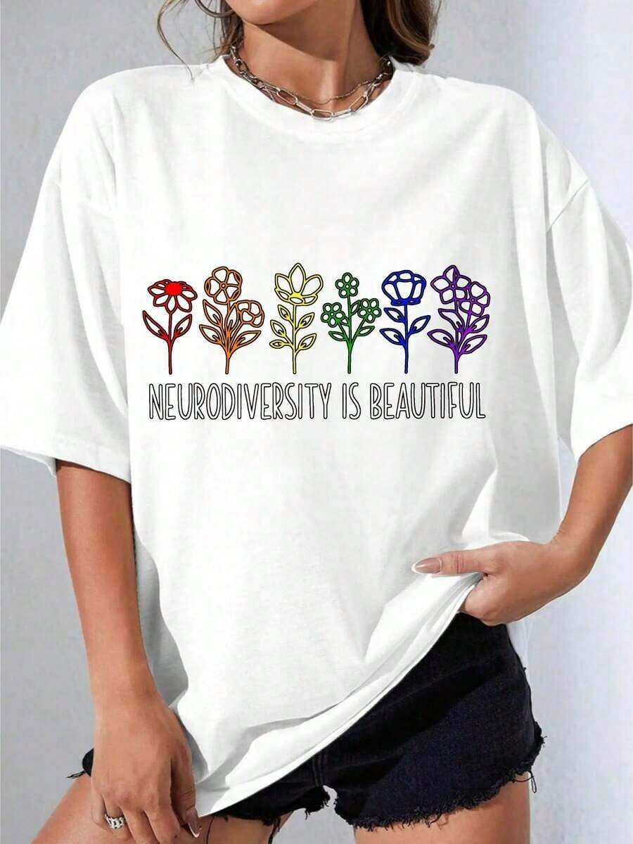 Camiseta Negra y Blanca para Niña, Camiseta Oversize Blanca con Estampado de Flores y Texto 'La Neurodiversidad Es Hermosa', Ropa Casual para Mujeres y Niñas, Camiseta Estampada Casual para Fiestas al Aire Libre, 180g - Blanco - Ver 1
