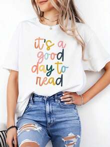 2026 Nuevos productos de gran : Camiseta de cuello redondo 100% algodón para mujer, color blanco, con la frase "Es un buen día para leer un libro" - Camiseta para amantes de la lectura, esenciales versátiles para el vestuario, tops combinables y camisetas de manga corta. - Blanco - Ver 6