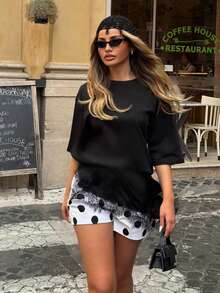 HH Spitzen-Asymmetrisches Kurzarm T-Shirt, Vintage Rundhals vielseitiges Top Casual Schwarz Sommer - Schwarz - Übersicht 3