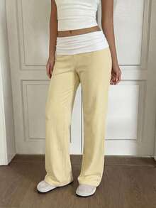 SCARLUX Summer&Fall Y2K Women Solid Flared Pants, Fold Over Low Waist Casual Trousers For Back To School Street Wear - Yellow - View 2