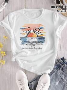 Camiseta casual para mujer con estampado digital creativo de puesta de sol, olas, pájaros y cielo, cuello redondo, manga corta, lavable a máquina, sencilla y versátil, transpirable, corte casual para primavera y verano (temática de viajes y vacaciones). - Blanco - Ver 8