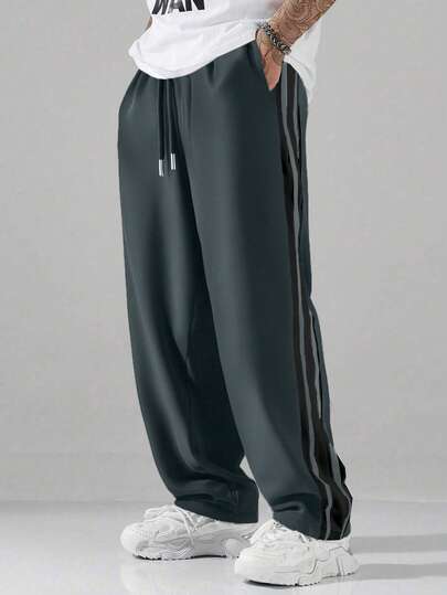 Pantalones deportivos casuales ligeros para hombres, pierna recta holgada, bloques de color a rayas, cintura con cordón, adecuados para deportes al aire libre y trotar en verano