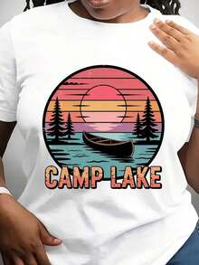 Camiseta Camp Lake, Camiseta Vintage, Camiseta de Verano, Sublimación Camp Lake, Ropa de Verano Casual de Manga Corta con Cuello Redondo, Camiseta para Mujer - Blanco - Ver 6