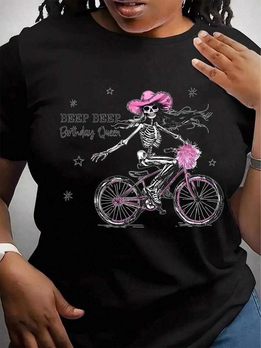 Camiseta con Estampado 'Reina de Cumpleaños' para Mujer de Talla Grande, Camiseta de Cumpleaños, Camiseta Casual de Manga Corta con Cuello Redondo, Adecuada para el Verano, Ropa de Fiesta, Camiseta con Diseño Divertido, Perfecta como Regalo de Cumpleaños - Negro - Ver 1