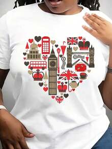 Camiseta Vintage con Estampado de Londres, Manga Corta, Cuello Redondo, Estilo Casual para Verano y Primavera, Ropa de Mujer - Blanco - Ver 1