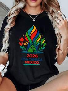 Fuego multicolor que simboliza la unión de naciones y la pasión del fútbol con hojas verdes que representan crecimiento y energía camiseta de mujer moderna cómoda para celebrar espíritu deportivo 2026 USA Canadá México - Negro - Ver 1