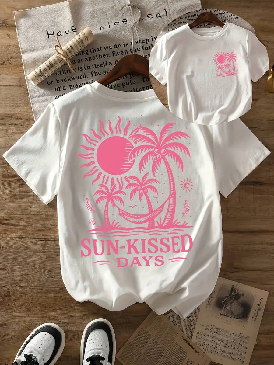 Camiseta Casual de Manga Corta Wo - Camiseta de Cuello Redondo con Estampado de Palmeras y Sol "Días Brevemente Iluminados por el Sol"| Ropa de playa ligera para el verano, adecuada para usar en primavera, lavable a máquina con diseño de palmeras, ideal para usar cerca de la piscina. - Blanco - Ver 1
