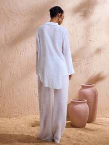 Pantalones anchos de verano para mujer con cintura anudada y unicolor - Blanco - Ver 2