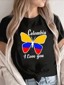 100% Cotton Lightweight T-Shirt With A Butterfly Design And The Colombian Flag, Printed With 'Colombia I Love You'. Ideal For Casual Outings, Outdoor Adventures, Or Lounging At Home, It Offers A Comfortable Fit For Everyday Wear. - 黑色 - 查看 6