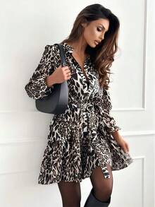 Minivestido con cuello en V y cinturón con botones de leopardo para mujer, elegante, diario, manga larga, otoño - BLANCO - Ver 3