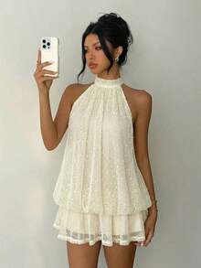 MEXAloruh Vestido mini elegante de gasa con lazo en el cuello en color amarillo mantequilla para mujer, vestido para citas, vestido para salir de noche, vestidos de verano para mujer, atuendos para luna de miel, vestido de invitada de boda, atuendos para vacaciones en la isla, vestidos de fiesta elegantes, vestidos de cumpleaños para mujerMEX FAMV - Beis - Ver 4