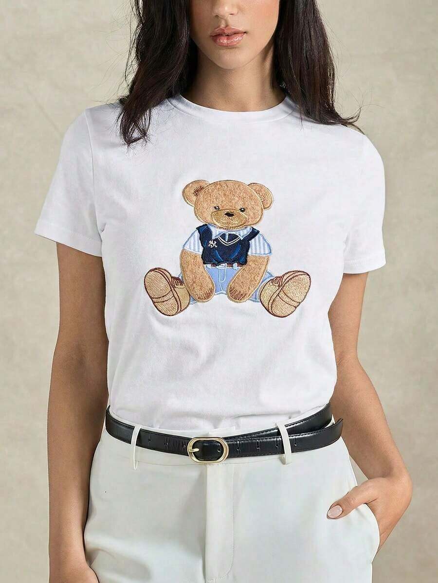 Versatile And Casual Everyday Short-Sleeve T-Shirt With A Round Neck And Bear Embroidery For Women, Perfect For Summer Outfits, Women's Summer Wear, Women's Valentine's Day Outfits, Beachwear, Going-Out Tops, And Graphic Tees For Women. - 白色 - 查看 1