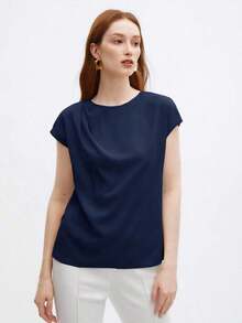 Blusa de satén de corte holgado con mangas acampanadas para mujer, elegante y versátil para ocasiones urbanas románticas, formales, de viaje, como invitada de boda, cumpleaños, casual de negocios, citas, aeropuerto, regreso a clases, uso en la ofi - Azul marino - Ver 5