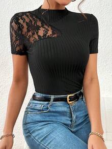 Camiseta con encaje en contraste de cuello alto - Negro - Ver 2