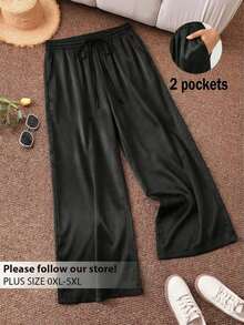 CosyJoli Pantalones anchos de uso diario con bolsillos y cordón en la cintura para mujeres de talla grande con diseño de rayas - Negro - Ver 3