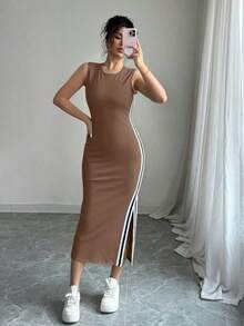 Vestido largo con abertura lateral decorativa de cinta bicolor negro y blanco de cuello redondo para mujeres - Marrón - Ver 3