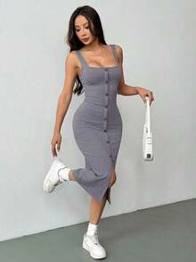 Vestido largo con cuello cuadrado, botones delanteros y abertura lateral para mujer - Gris - Ver 4