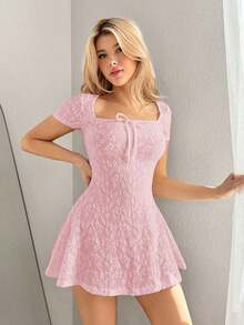 Vestido corto casual de unicolor con cuello cuadrado y manga corta en estilo Y2K para mujer, color blanco - Rosa - Ver 6