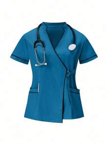 Conjunto de uniformes médicos: Parte superior de cuello en V de manga corta y pantalones para trabajadores de la salud - Agua verde azul - Ver 3