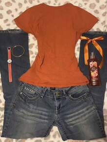 Camiseta de mujer de manga corta, cuello redondo, estilo casual y de bloques de color - Naranja - Ver 2