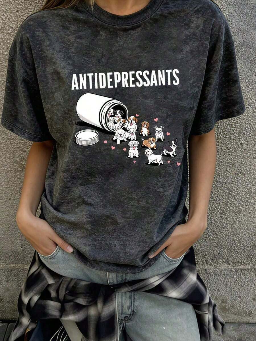 Nueva Camiseta de Mujer 2026, Corte Holgado, Cuello Redondo, Moderna y Versátil, Estampado Tie-Dye, Manga Corta, Estilo Retro Americano, Primavera/Verano - Negro - Ver 1