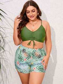 Conjunto de traje de baño estampado tropical de talla grande top de tirantes con cordón y kimono de verano para mujer moda 3 piezas - Verde - Ver 4
