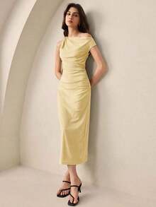 Vestido de satén con hebilla asimétrica de metal, nuevo para primavera/verano.Elegante y chic para el día a día, romántico estilo retro de los 90.Adecuado para Navidad, Año Nuevo, San Valentín, fiestas, playa, graduación, moda, carnaval, bodas, - Amarillo - Ver 7