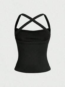 deportivo casual de unicolor, sexy, con espalda descubierta y tirantes cruzados, adecuado para el verano - Negro - Ver 6