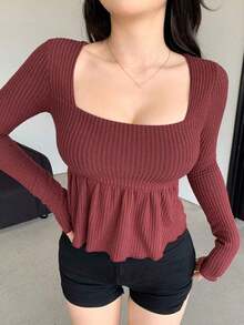 Blusa casual de mujer con cuello cuadrado, manga corta, silueta acampanada y tela texturizada, top sexy y lindo - Burdeos - Ver 6