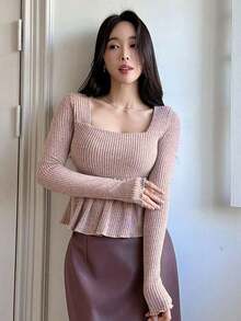 Blusa casual de mujer con cuello cuadrado, manga corta, silueta acampanada y tela texturizada, top sexy y lindo - Rosa - Ver 6