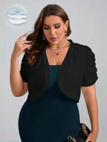 Chaqueta ligera de mujer talla grande en beige con mangas de encaje en contraste, de manga corta, versátil, elegante, atuendo de oficina para maestras en invierno, otoño, Día de San Valentín, trabajo, vacaciones, días festivos, verano - Negro 3 - Ver 1