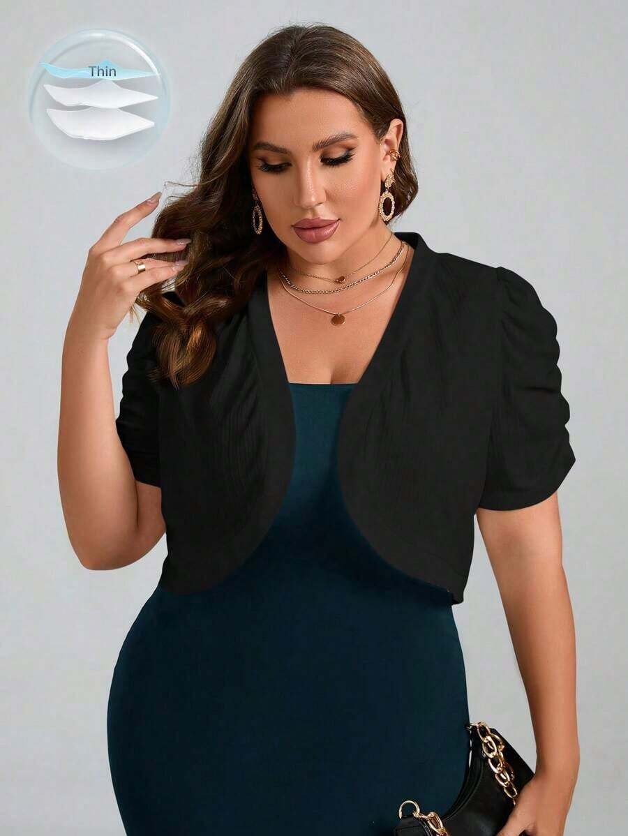 Chaqueta ligera de mujer talla grande en beige con mangas de encaje en contraste, de manga corta, versátil, elegante, atuendo de oficina para maestras en invierno, otoño, Día de San Valentín, trabajo, vacaciones, días festivos, verano - Negro 3 - Ver 1