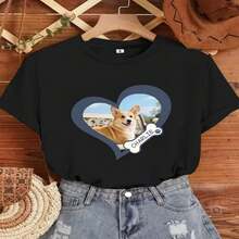 Camiseta informal de algodón para mujer, cuello redondo, manga corta, largo regular, con estampado de corazón de Corgi. Tejido suave y elástico. - Negro - Ver 1