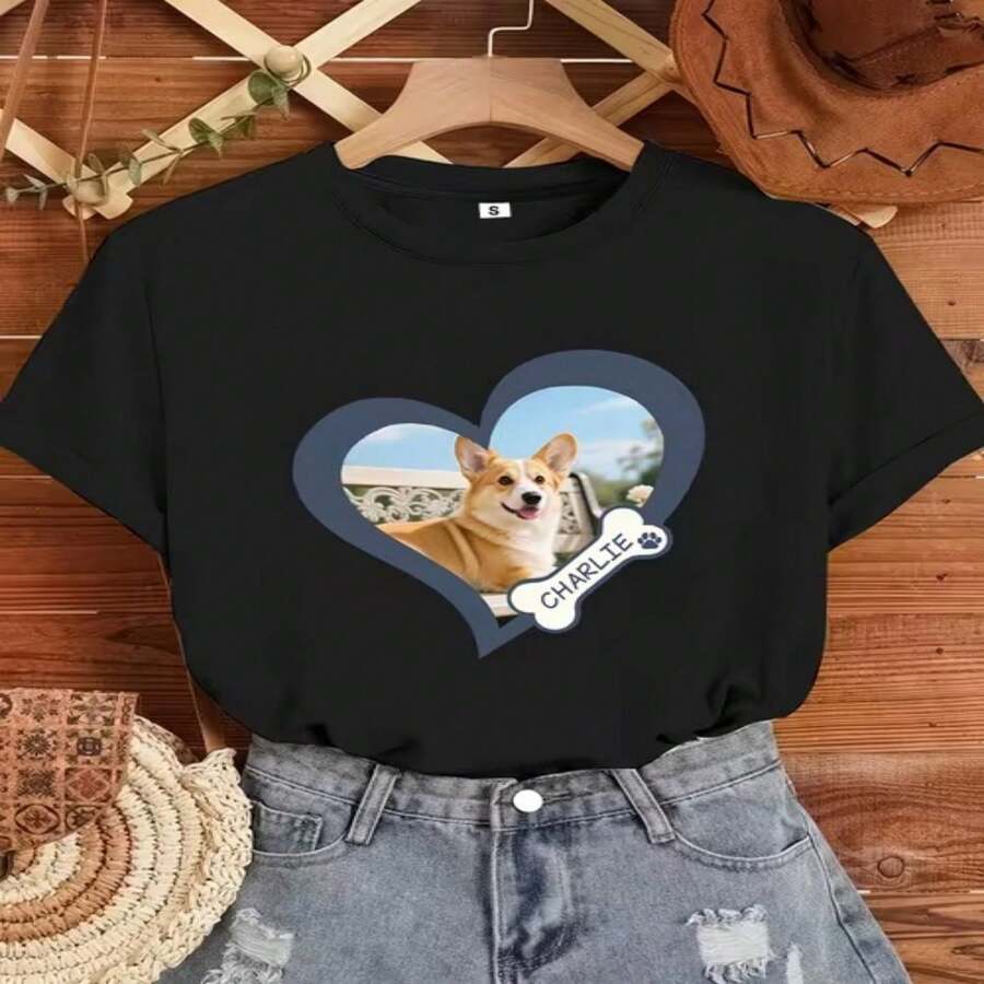 Camiseta informal de algodón para mujer, cuello redondo, manga corta, largo regular, con estampado de corazón de Corgi. Tejido suave y elástico. - Negro - Ver 1