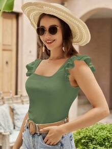 Camiseta de cuello cuadrado ribete con fruncido - Verde - Ver 2